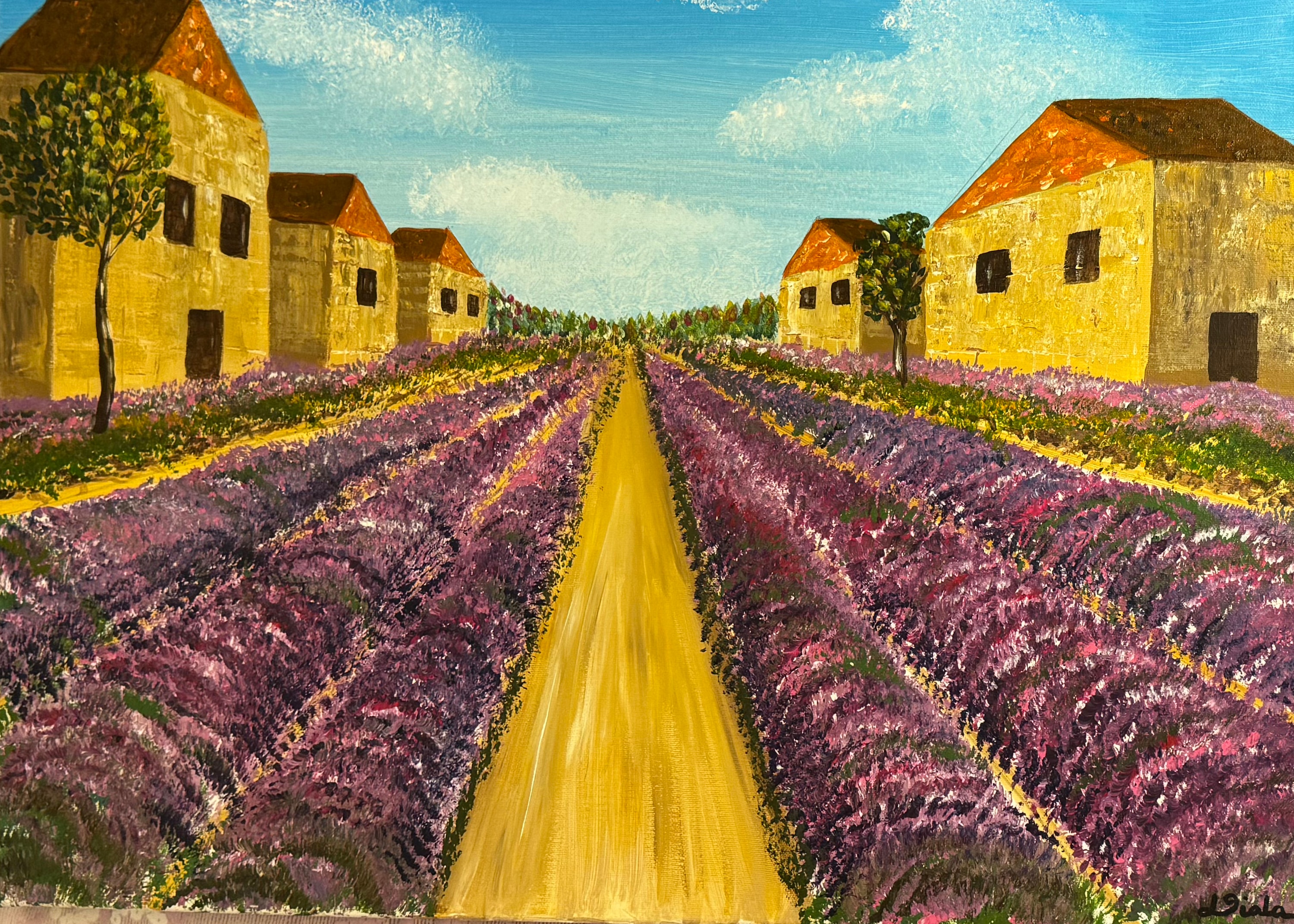 Rows of lavender running to the horizon on either side of a pale path, with ochre stone houses and trees under a bright sky.