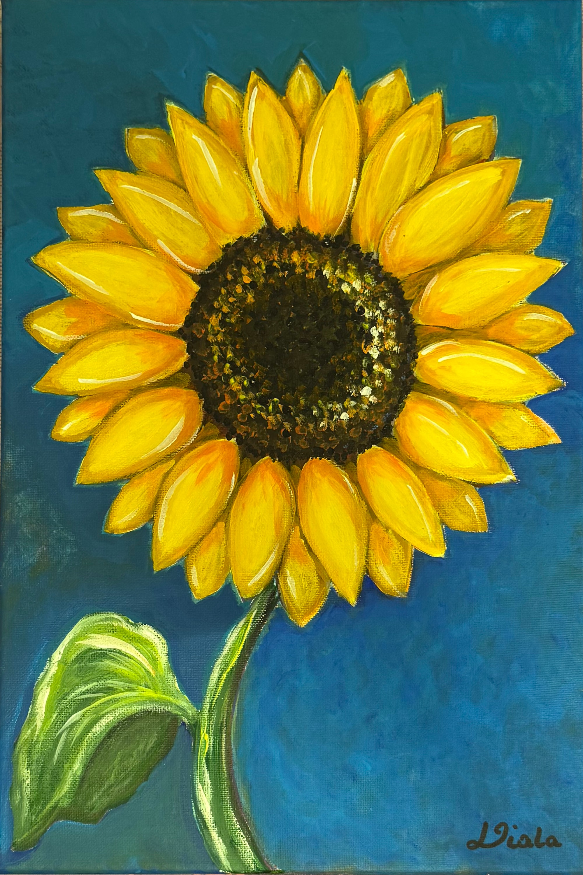 A single yellow sunflower with a dark seeded centre and one green leaf, against a deep blue ground.