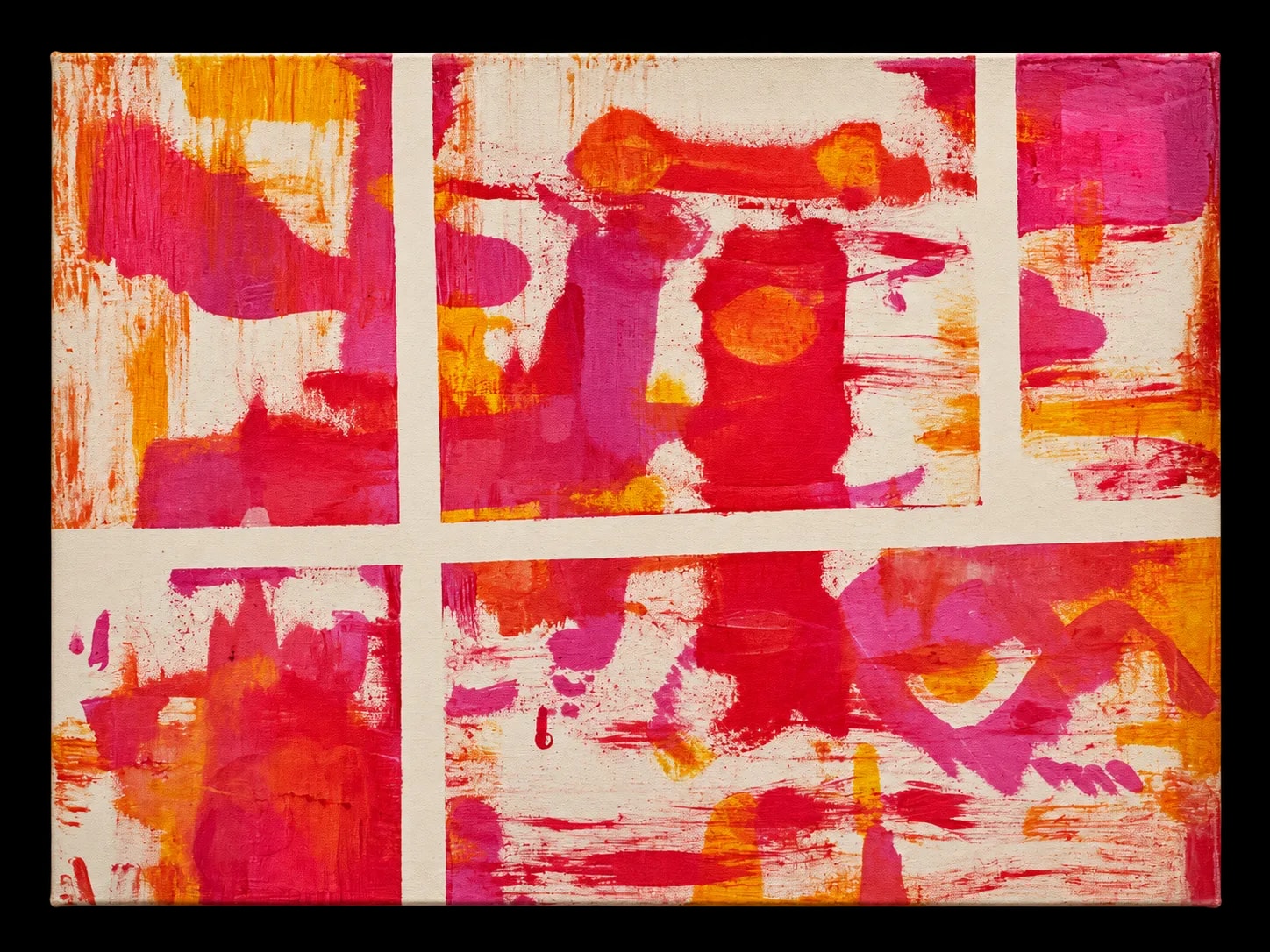 An abstract painting in which a broad cream cross divides the canvas into four panes. Each pane is worked in loose, gestural sweeps of hot pink, magenta, orange, red and yellow over bare canvas, with scraped and dragged marks letting the weave show through.