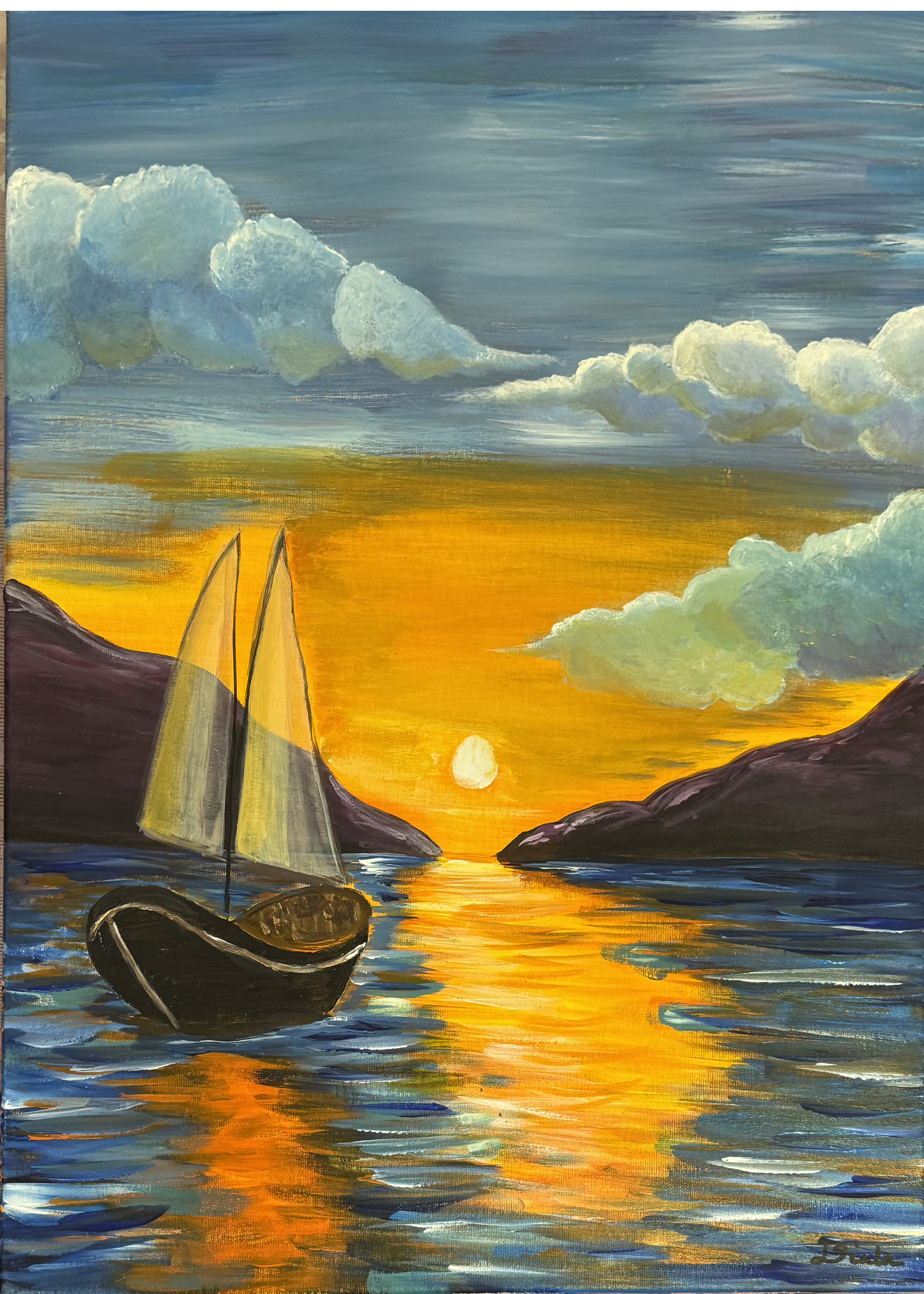 A sailboat on still water at sunset, its sails catching the last gold light, with dark headlands on either side and the sun's reflection running toward the viewer.