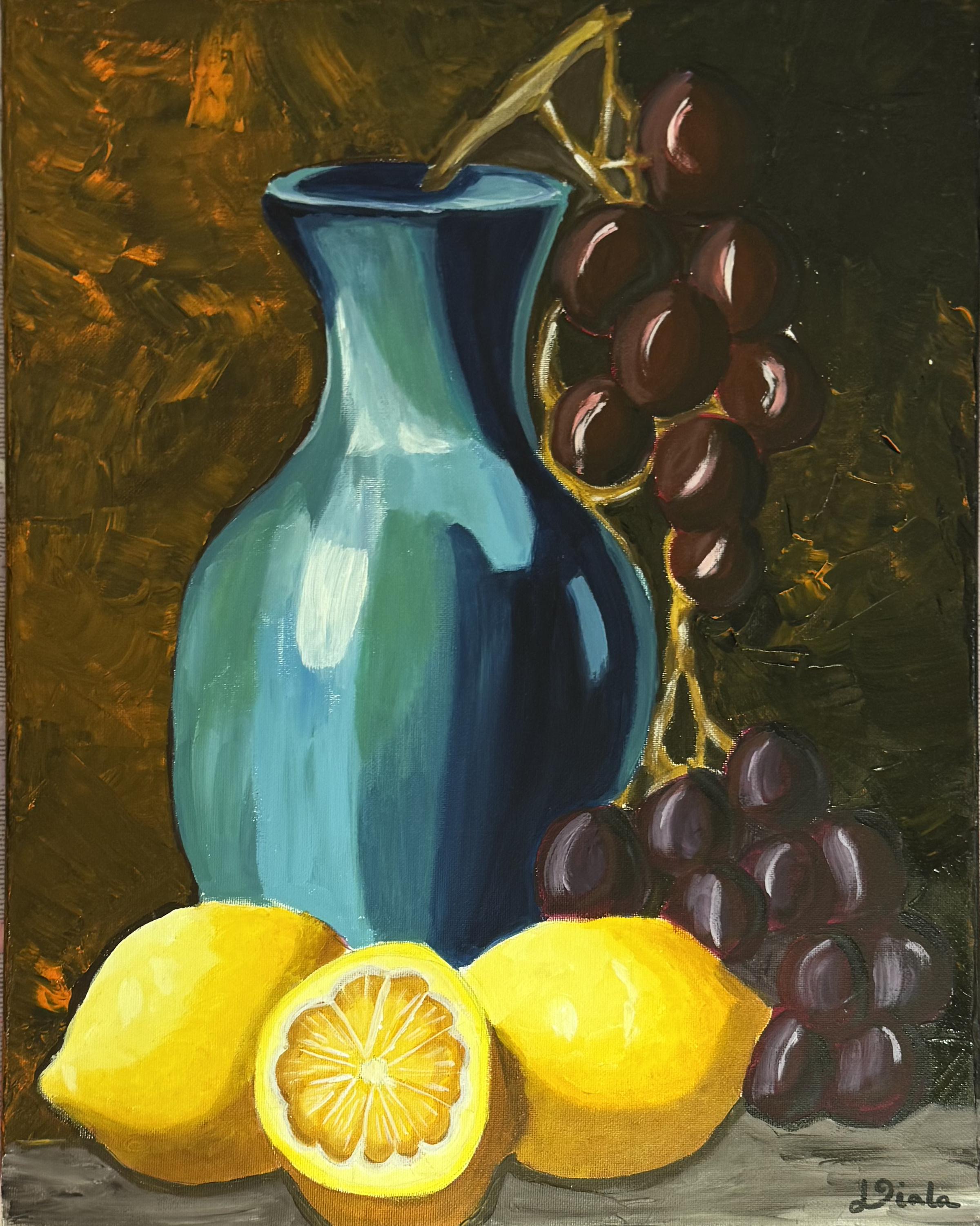 A still life: a deep blue-green ceramic jug with lemons, one cut open, and two bunches of dark grapes against a warm brown ground.