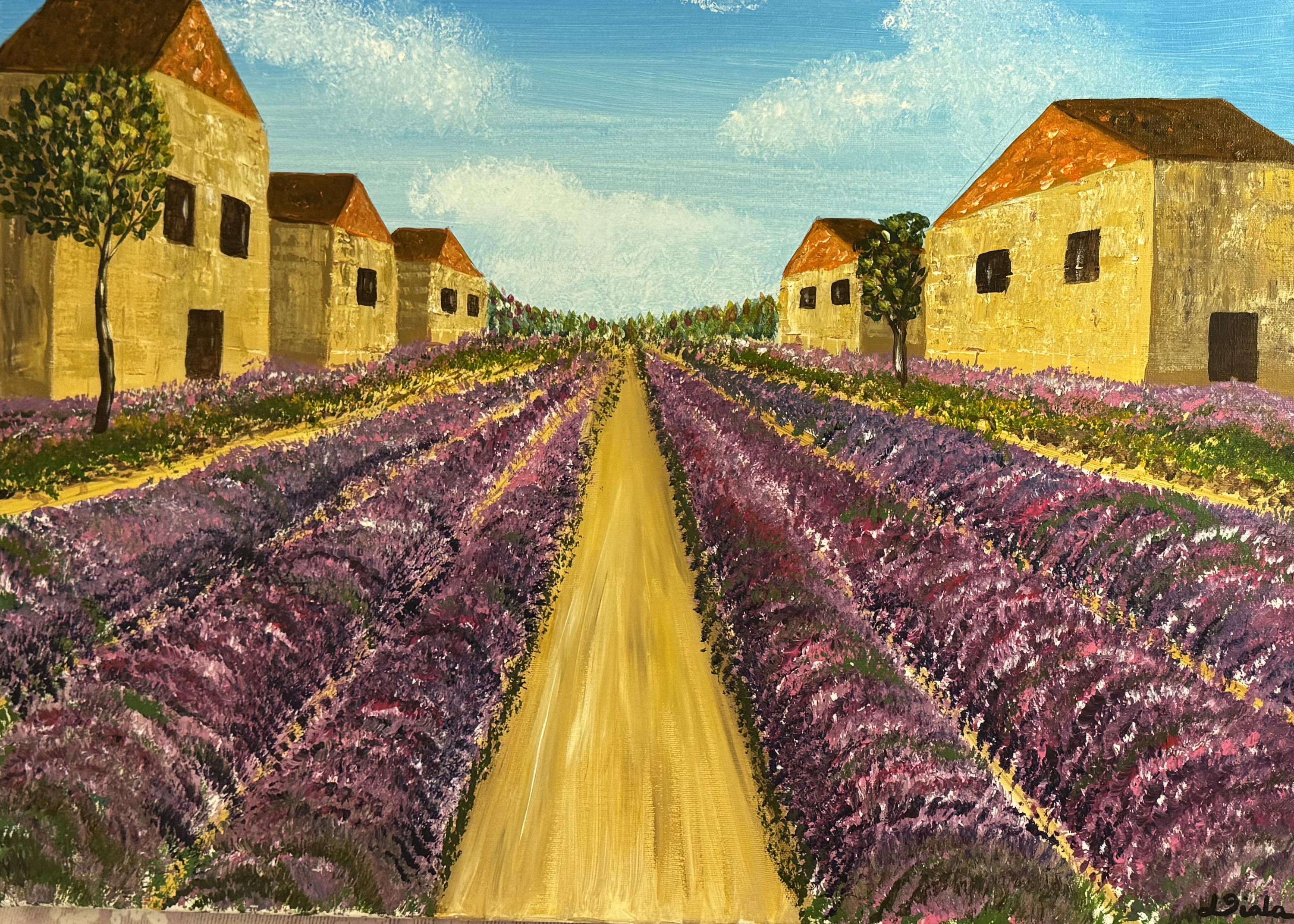 Rows of lavender running to the horizon on either side of a pale path, with ochre stone houses and trees under a bright sky.