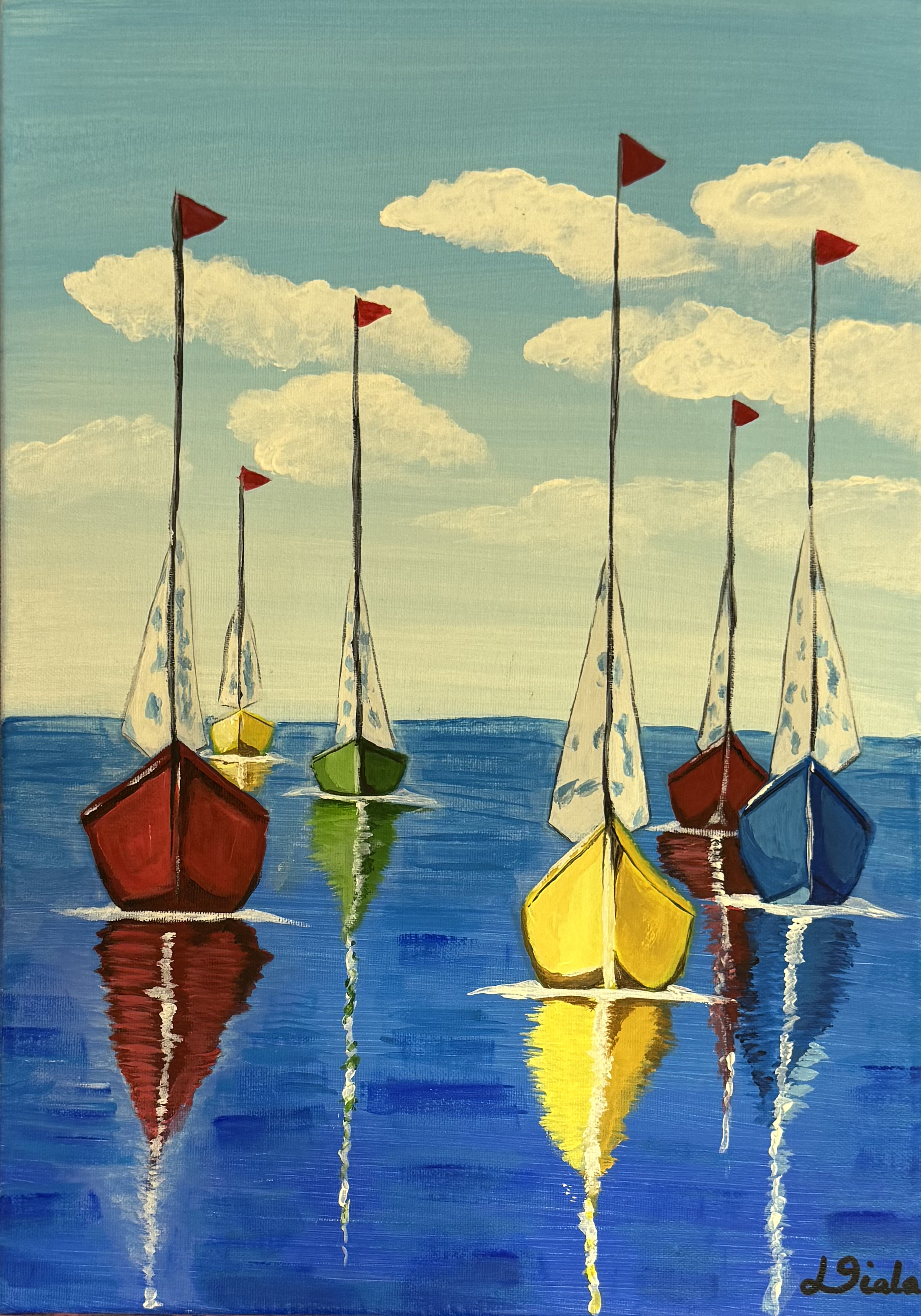 Six small sailing boats in red, yellow, green and blue, each with a red pennant, standing on blue water with long reflections beneath them.
