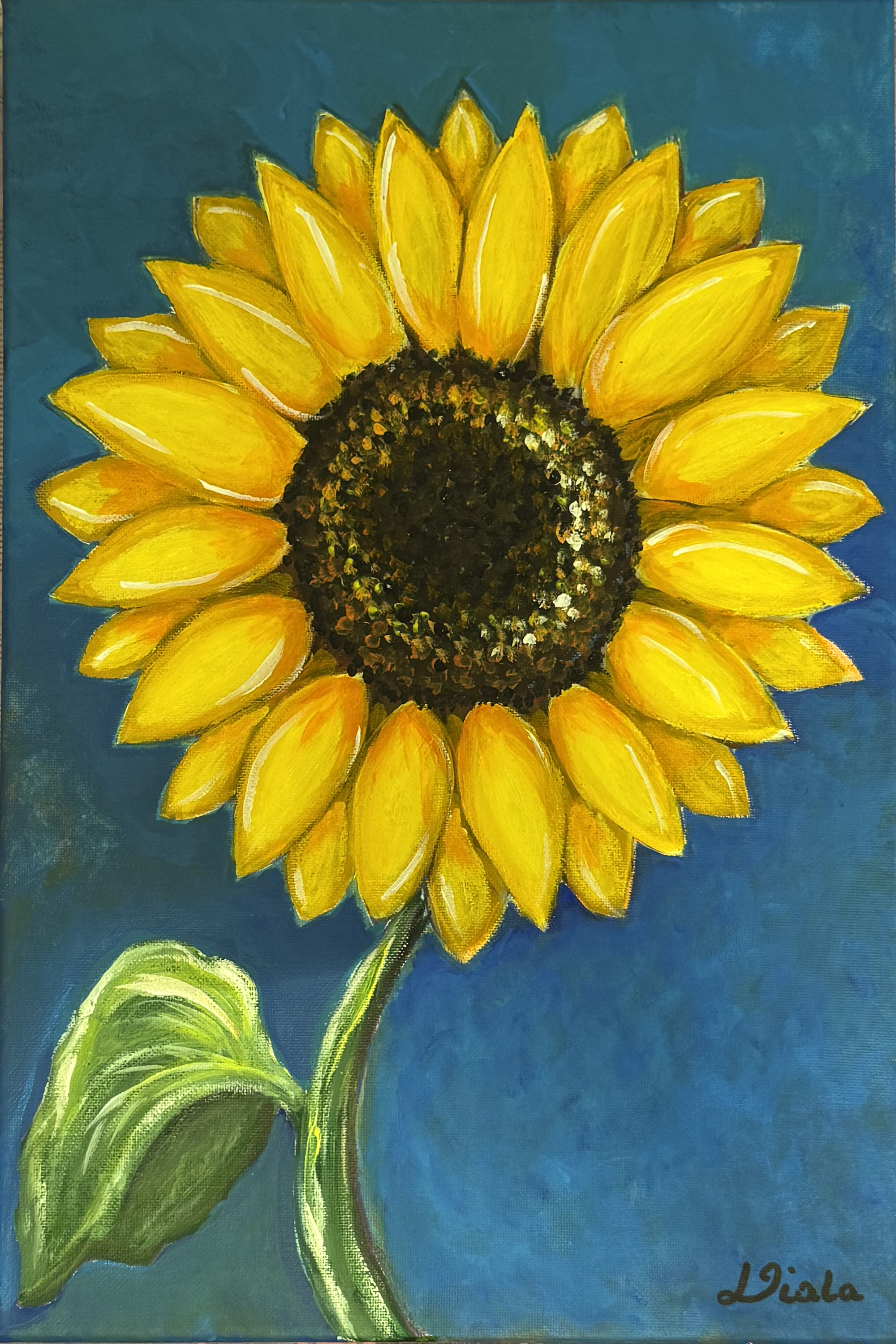 A single yellow sunflower with a dark seeded centre and one green leaf, against a deep blue ground.