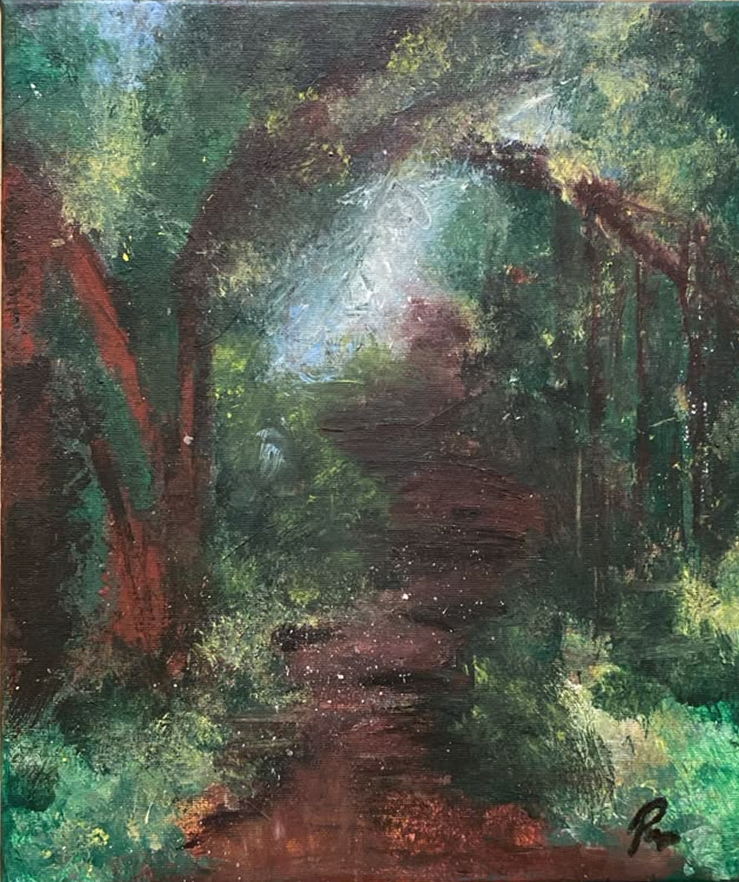 Where the Light Waits: a woodland path beneath a dark green canopy, leading toward a small opening of pale light.