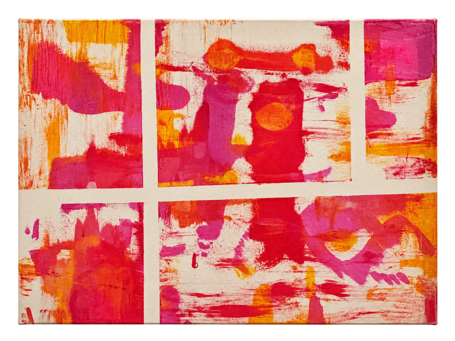 An abstract painting in which a broad cream cross divides the canvas into four panes. Each pane is worked in loose, gestural sweeps of hot pink, magenta, orange, red and yellow over bare canvas, with scraped and dragged marks letting the weave show through.